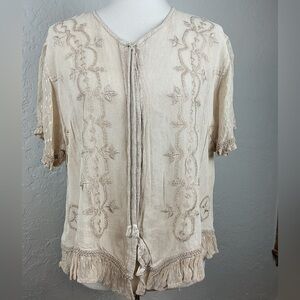 Romantique Button Down Viscose Embroidered Cream Parchment Short Sleeve Top